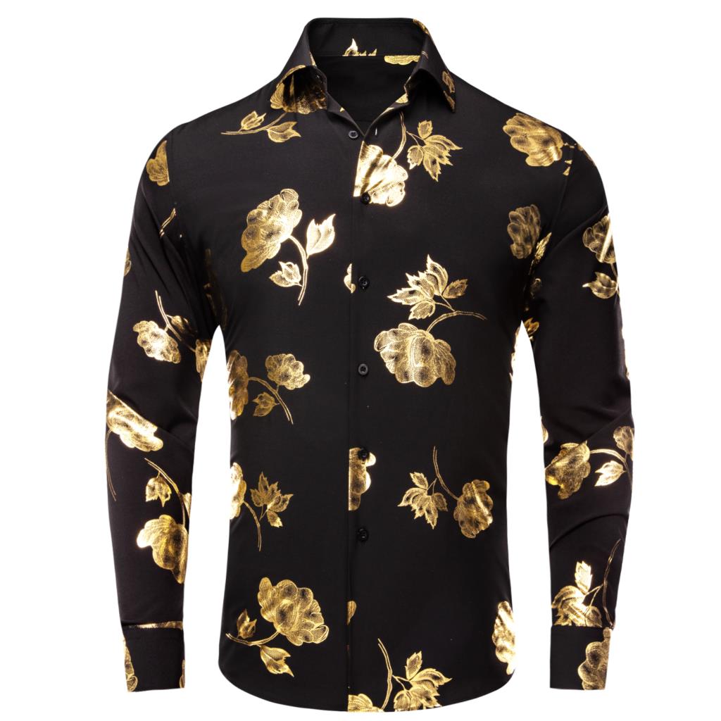 Hi-Tie Black Gold Silk Mens Sh - Mens Satin Silk Dress Shirt 评论和价格