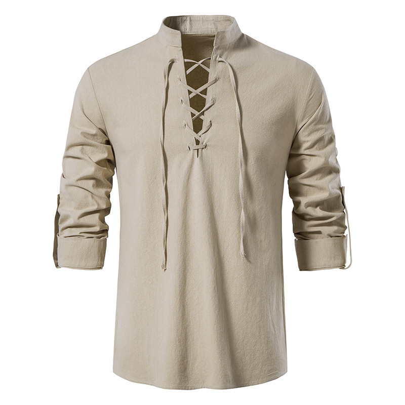 Men's Medieval Lace Up Cotton  - Mens Linen Shirt Long Sleeve 评论和价格