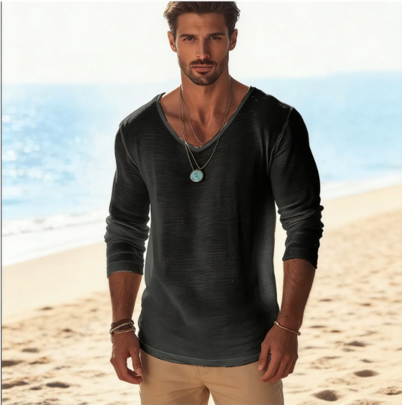 Men's Casual V-Neck Linen Blen - Mens Linen Shirt Long Sleeve 评论和价格