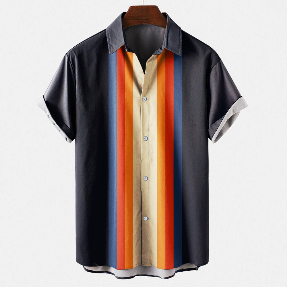 Men's Vintage Retro Striped Co - Short Sleeve Bowling Shirt Retro 评论和价格