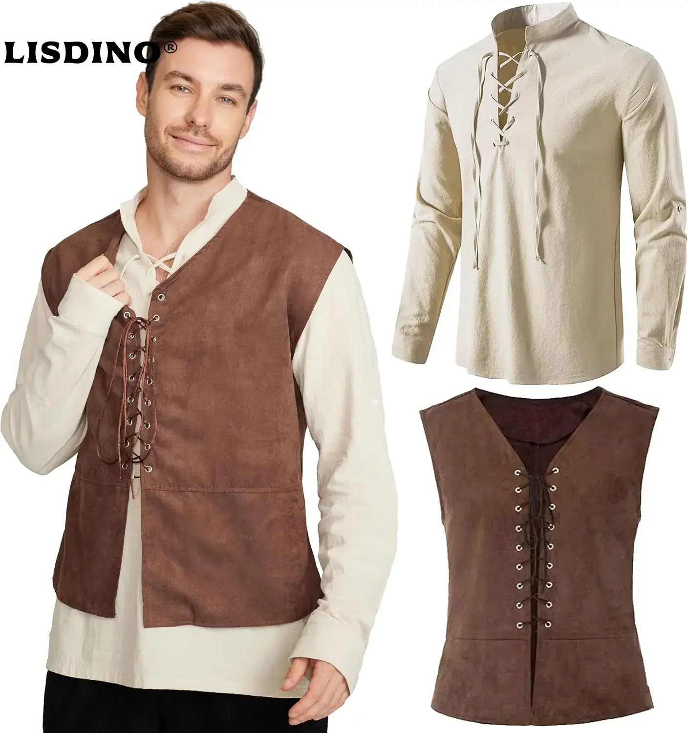 2-piece Set Men's Medieval Pir - Medieval Gothic Lace Up Pirate Shirt 评论和价格