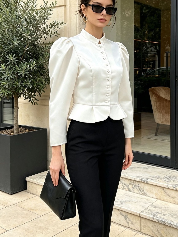 Peplum Blouse Long Sleeve Puff - Mandarin Collar Formal Shirt Slim Fit 评论和价格