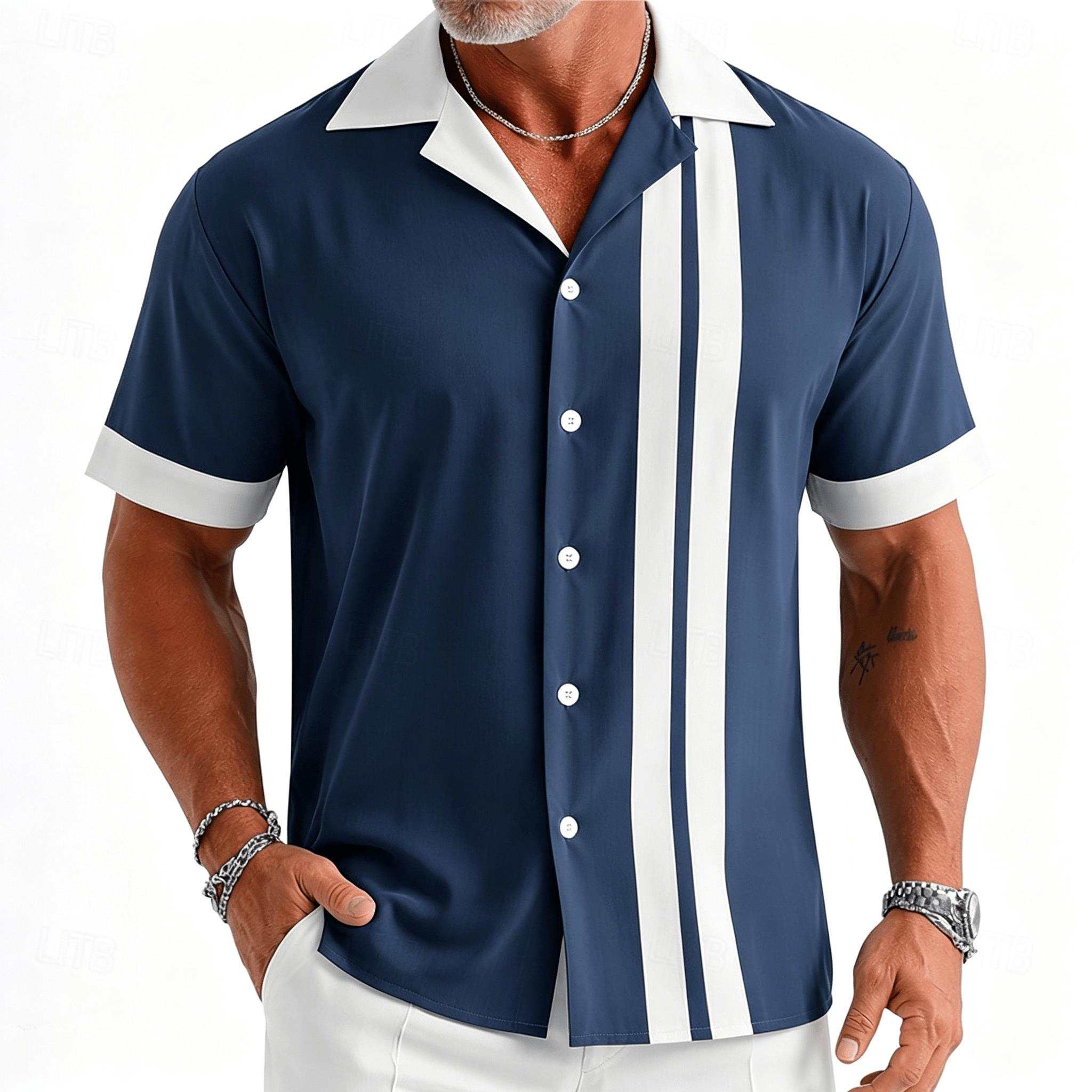 Men's navy blue and white vint - Short Sleeve Bowling Shirt Retro 评论和价格