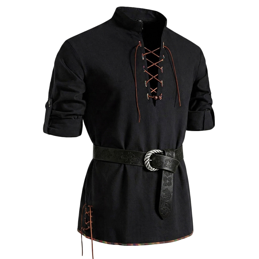 Men's Vintage Shirt Cotton Lon - Medieval Gothic Lace Up Pirate Shirt 评论和价格