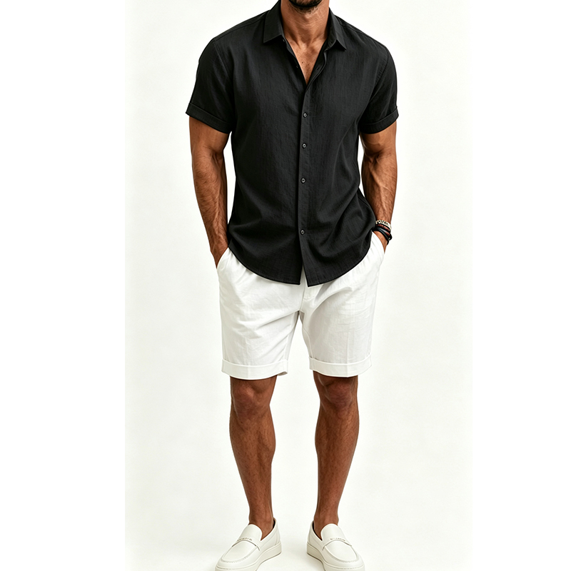 Men's  Cotton Linen Shirt Set  - Mens Linen Shirt Long Sleeve 评论和价格