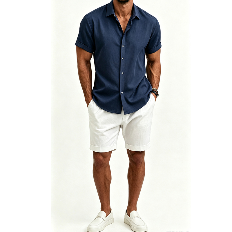 Men's  Cotton Linen Shirt Set  - Mens Linen Shirt Long Sleeve 评论和价格