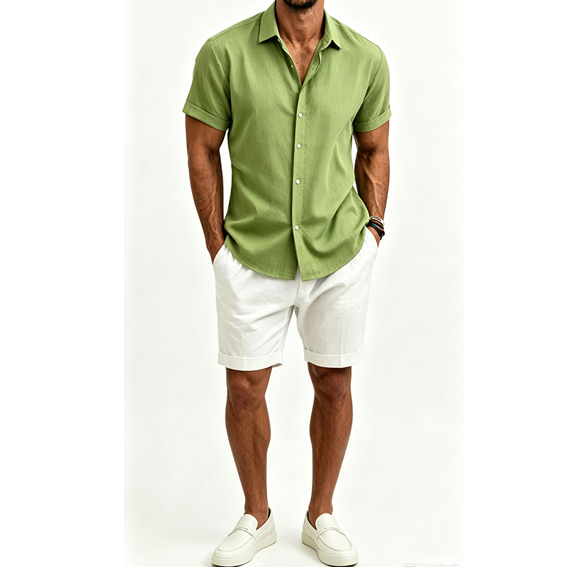 Men's  Cotton Linen Shirt Set  - Mens Linen Shirt Long Sleeve 评论和价格