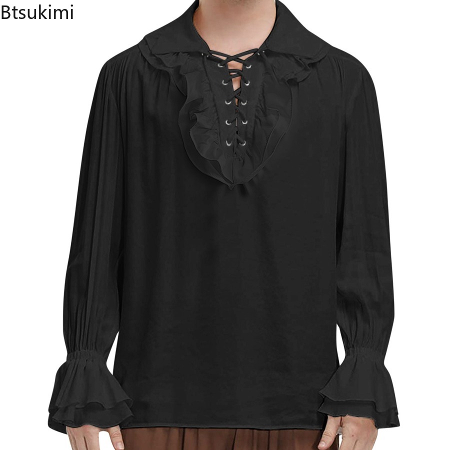Men's Medieval Renaissance Pir - Medieval Gothic Lace Up Pirate Shirt 评论和价格